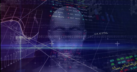 Displaying hologram head silhouette overlaying line charts on digital display, with binary streams