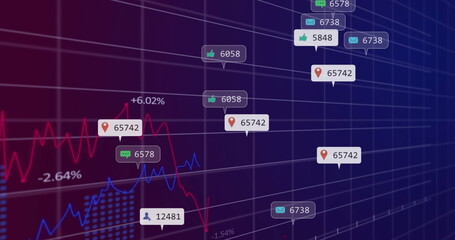 Naklejka premium Displaying red and blue line graphs on dashboard with bubble labels, percentages dotted world map