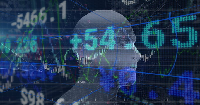 Translucent digital head silhouette overlaying data grid, with candlestick charts and numeric data