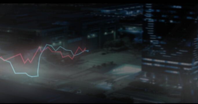Displaying red and blue line graphs over blurry night road showing skyscraper and streetlights