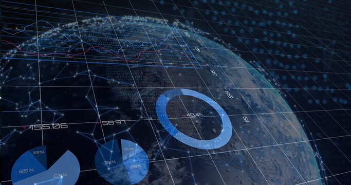 Naklejki Rotating 3D Earth globe showing data charts, grid overlay and numeric labels in analytics hub