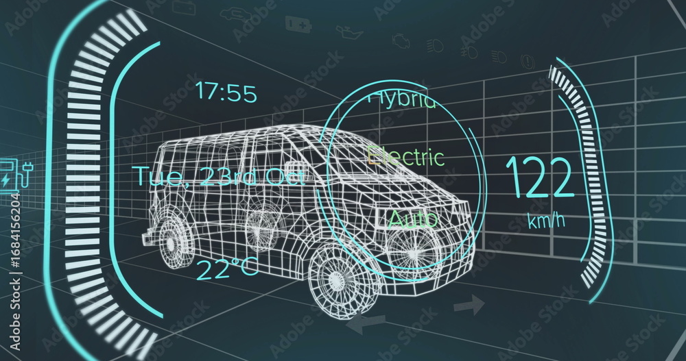 Aufkleber displaying wireframe van rotating in virtual lab with hologram speedometer and mode overlay