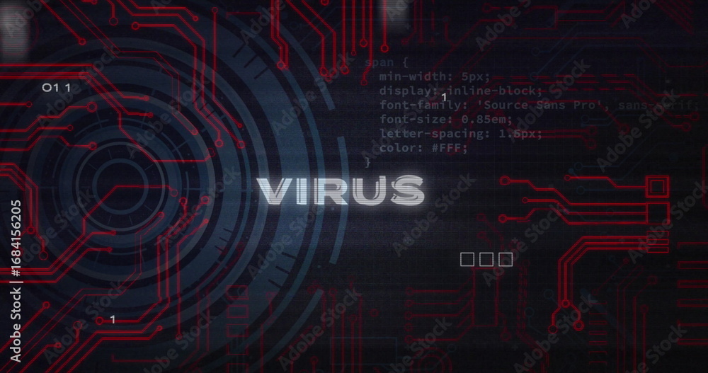 Poster displaying glowing 'virus' warning text on security dashboard, with red circuit traces and code