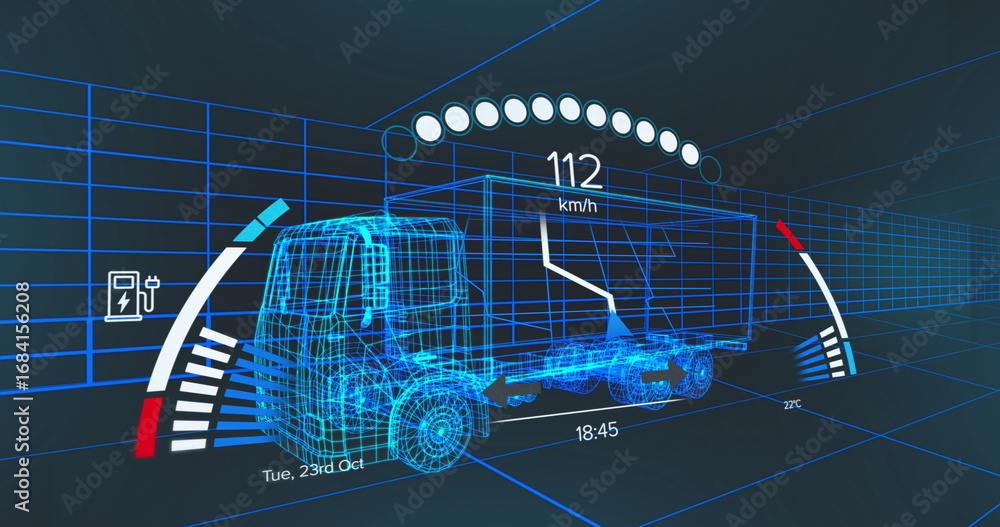 Poster displaying wireframe truck inside 3d grid tunnel, with hud showing speed time date temp fuel icon