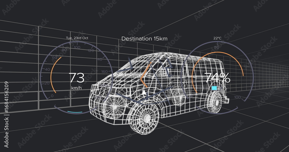 Fototapete displaying wireframe compact suv model rotating in virtual 3d grid space, with digital ui gauges