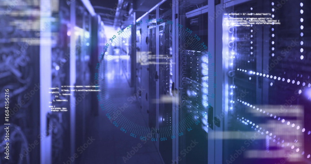 Aufkleber glowing server racks lining data center hall, with switches, ethernet cables and code, data overlay