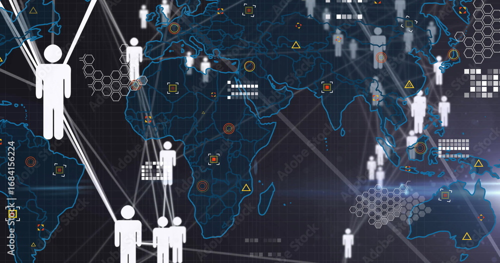 Aufkleber displaying white humanoid icon connecting via network lines over digital map outline, copy space