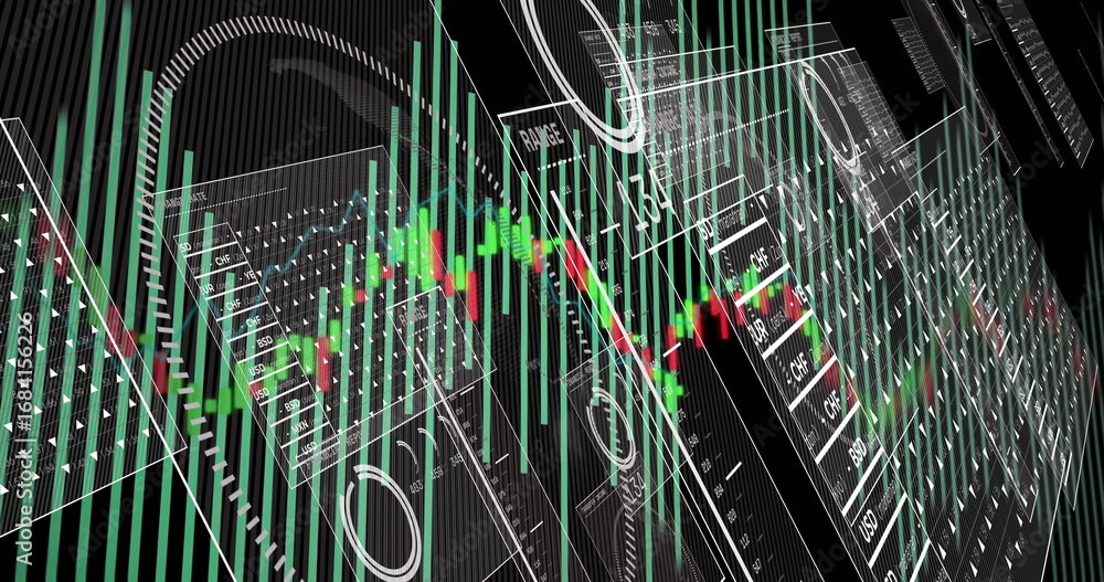 Poster presenting digital dashboard panels in digital void with green red candlestick bars, numeric tables