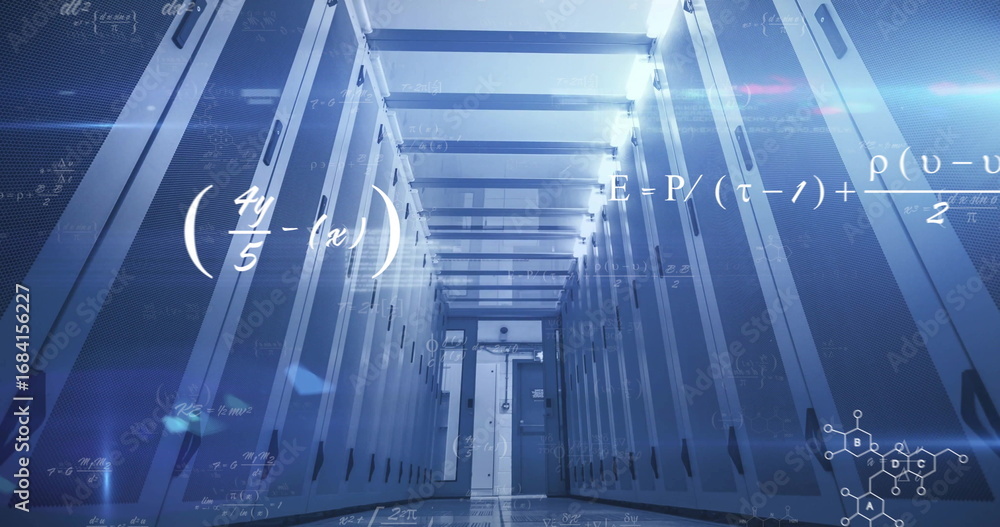 Poster showing aisle in datacenter featuring racks under led, with reflective floor and floating formulas