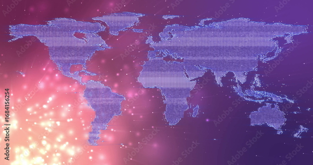 Aufkleber displaying digital world map streaming binary data lines in purple-pink gradient, with light nodes
