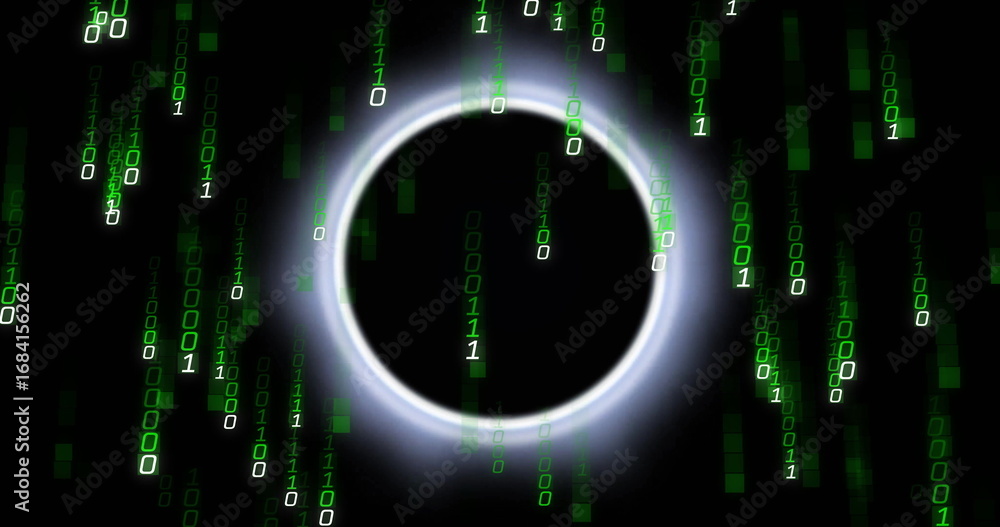 Aufkleber glowing luminous ring surrounding circular void in digital space, cascading green binary digits