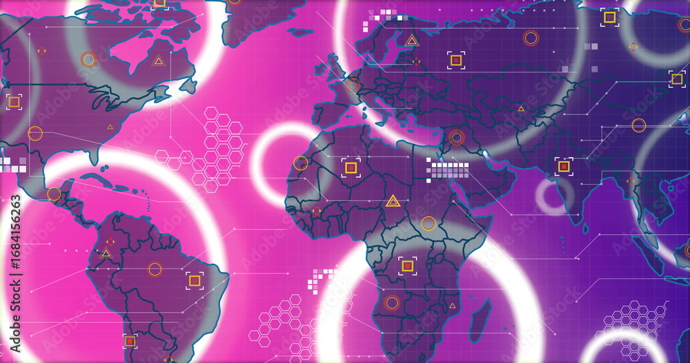 Poster world map glowing in pink-purple gradient on digital interface with glowing circles and hex grid