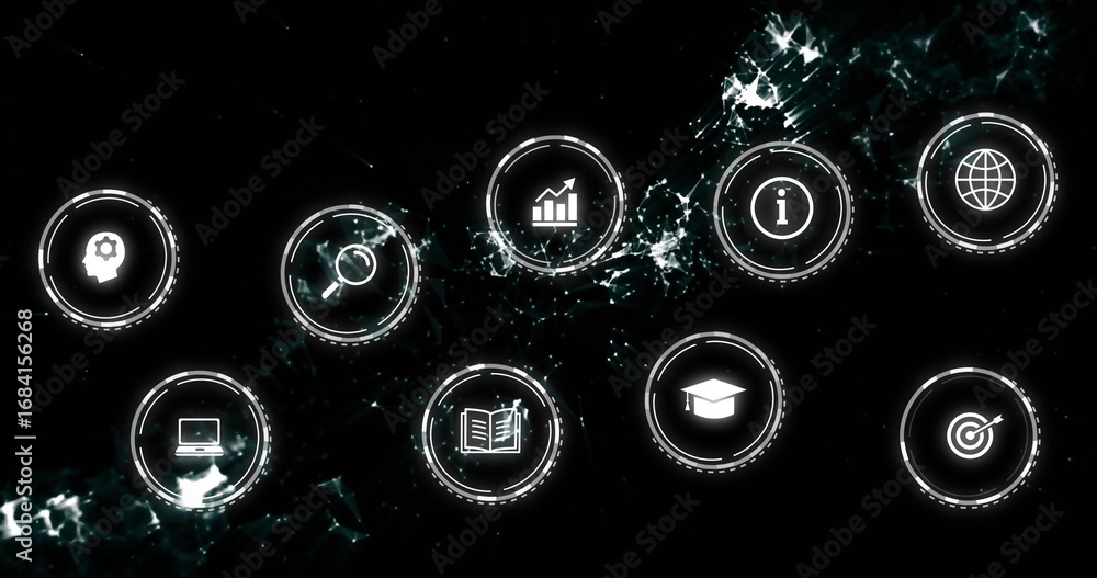 Poster displaying central grid of nine tech interface icons in virtual space, amid teal glitch particles