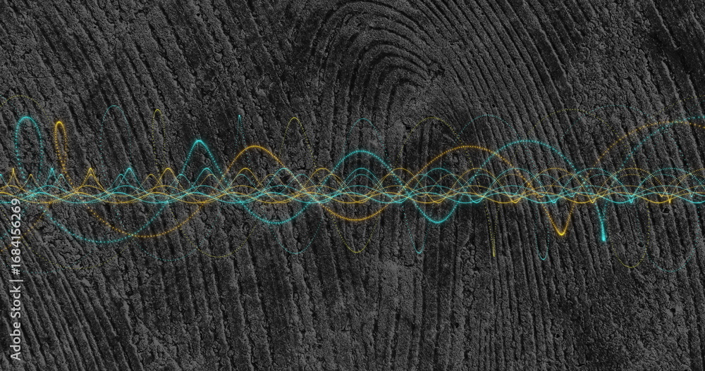 Poster displaying overlapping teal and gold sine waves on abstract background, with fingerprint ridges