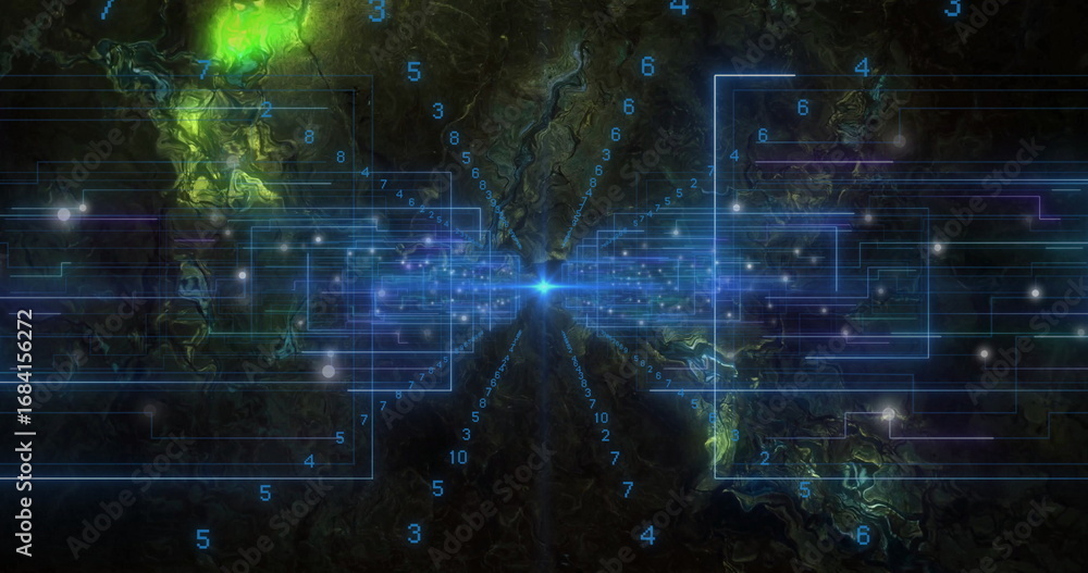 Poster emitting neon blue circuit lines across dark virtual space, with floating digits and glowing node