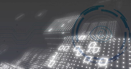 Displaying glowing dot grid, binary code in matrix, HUD ring with segmented arcs and circuit traces