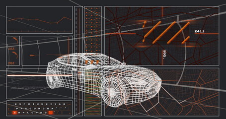 Displaying 3D sedan wireframe in virtual environment, showing graph readouts, hex grid, orange bars