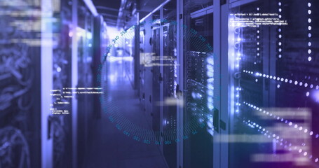 Glowing server racks lining data center hall, with switches, Ethernet cables and code, data overlay