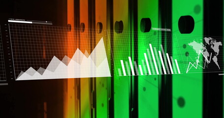 Floating wireframe panels showing data visualization in dashboard environment, with graphs and map