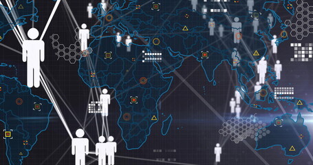 Displaying white humanoid icon connecting via network lines over digital map outline, copy space