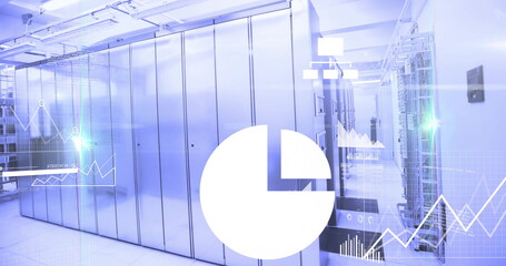 Displaying server cabinets showing LED indicators above tiles at data center with digital overlay