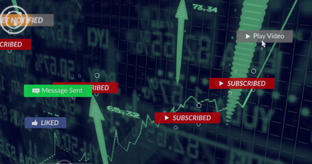 Displaying central green arrow line graph climbing in digital dashboard, with interaction badges