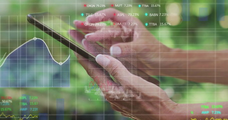 Monitoring female hands analyzing stock data on smartphone in park with stock ticker chart overlays