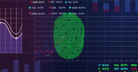 Scanning green fingerprint on cybersecurity dashboard, showing line  and  bar charts with tickers