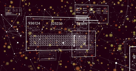 Displaying panel showing data matrix and numeric overlays on maroon scene with network nodes, bokeh