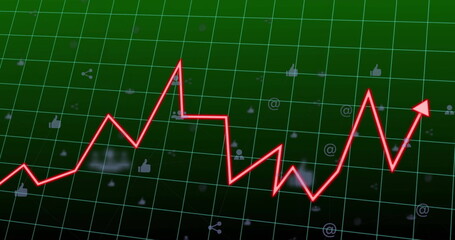 Neon red jagged line graph trending upward on dashboard, with green grid, social media icons