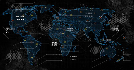 Displaying glowing world map on interface, showing hexagonal clusters, warning icons, grid patterns