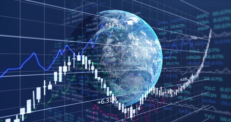 Floating 3D Earth globe rotating on dark blue grid, with candlestick bars and trend lines