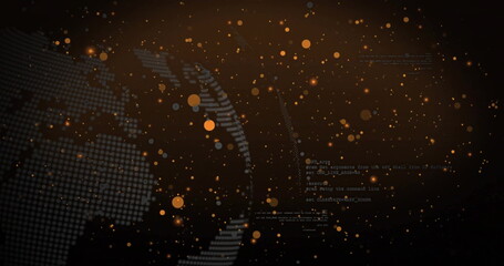 Showing dotted globe spinning in cyber space, orange-gray particles and code fragments, copy space