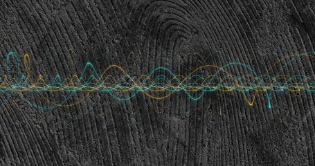 Displaying overlapping teal and gold sine waves on abstract background, with fingerprint ridges