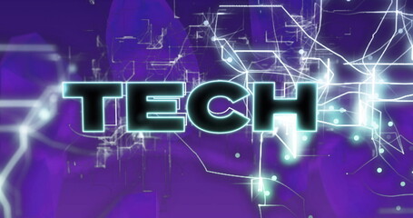 Glowing neon typography displaying TECH on data network backdrop with circuit lines, glowing nodes