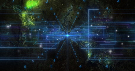 Emitting neon blue circuit lines across dark virtual space, with floating digits and glowing node