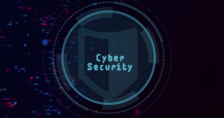 Displaying shield icon glowing with UI rings and arcs on gradient backdrop with glitch particles