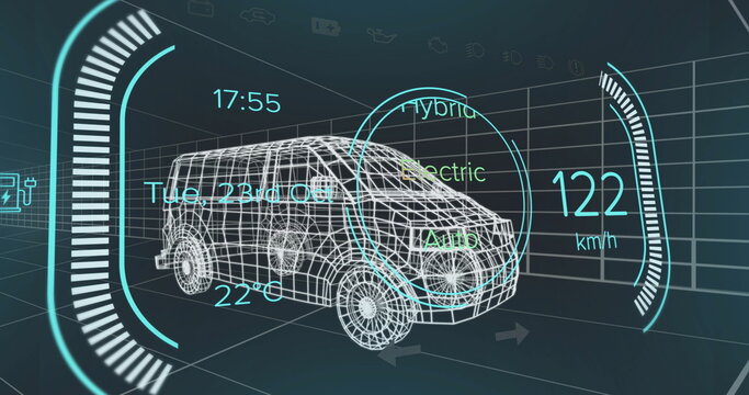 Displaying wireframe van rotating in virtual lab with hologram speedometer and mode overlay