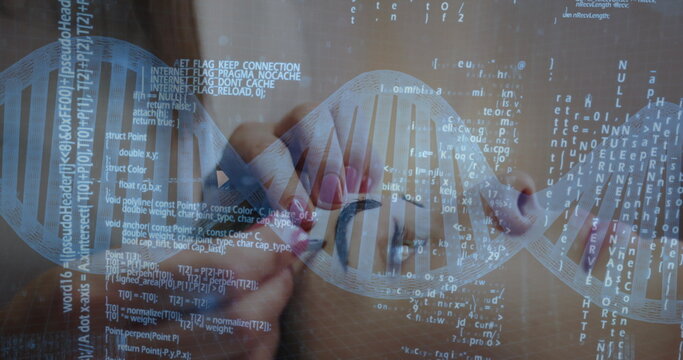 Holding magnifying glass, geneticist examining holographic DNA helix at lab, with code overlay
