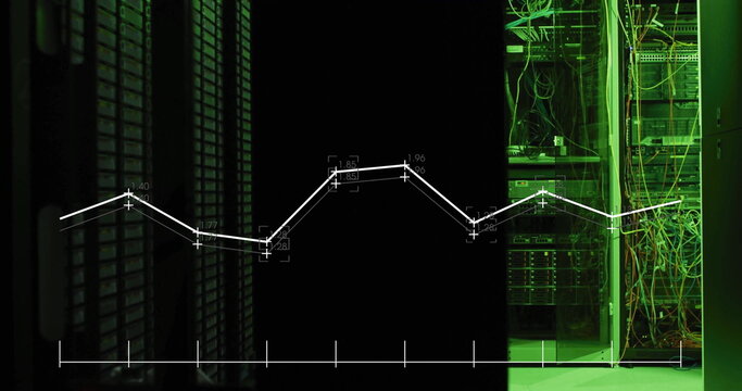 Displaying white line graph overlay on server racks with drive bays, network cables and LED lights - Powered by Adobe