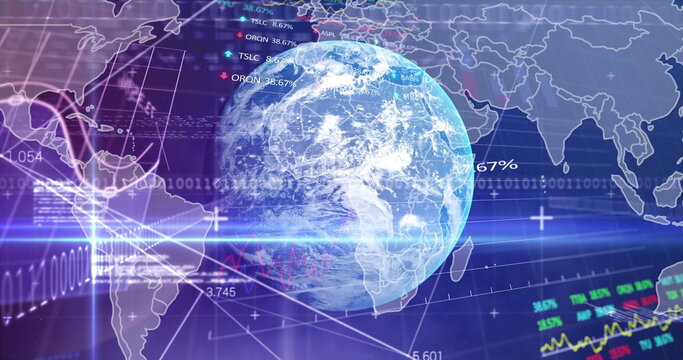 Rotating 3D Earth globe streaming binary code and line bar charts in dashboard with map outlines