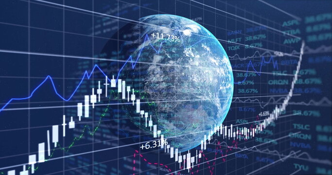 Naklejki Floating 3D Earth globe rotating on dark blue grid, with candlestick bars and trend lines