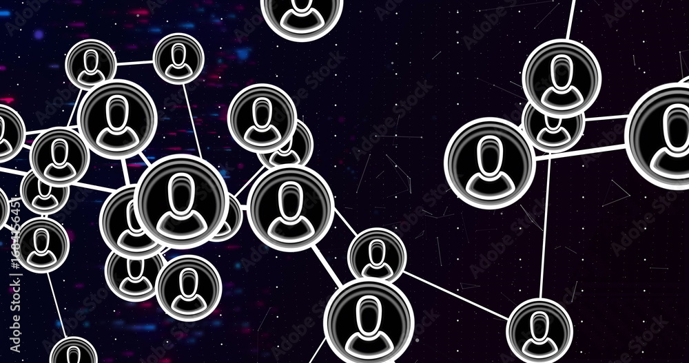 Aufkleber connecting black round user icons with white profiles and lines in virtual space with digital noise