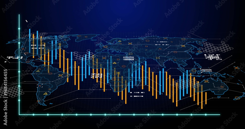 Poster displaying bar chart overlaying world map on dashboard, with turquoise axes and warning icons