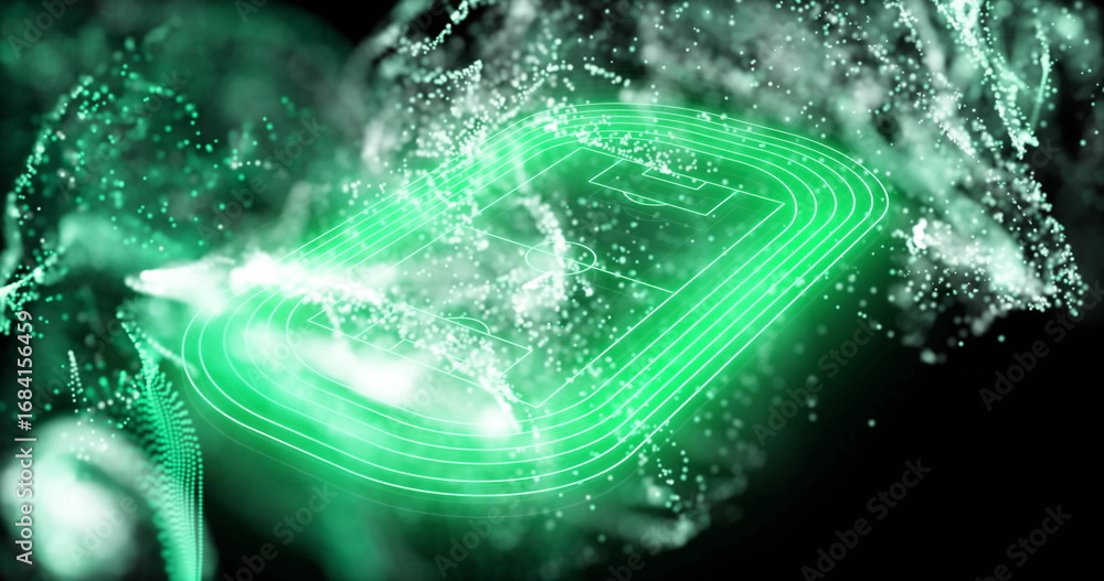 Poster floating neon green wireframe track and pitch outline in digital void, with glowing particle clouds