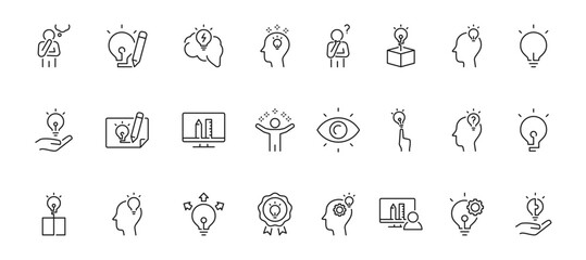 Creativity Icon Set containing creative thinking, idea, problem solving, innovation, brainstorming and design vector icons