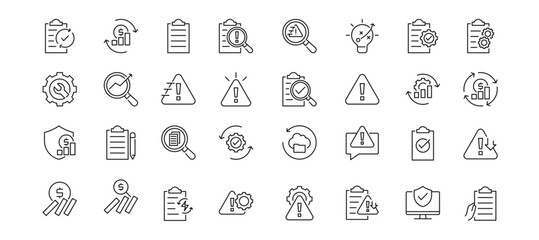 Business Continuity Icon Set Containing plan, risk analysis, threat analysis, risk reduction, management and mitigation vector icons