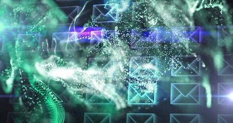 Flowing green white blue particle streams weaving through cyberspace grid, with envelope icons