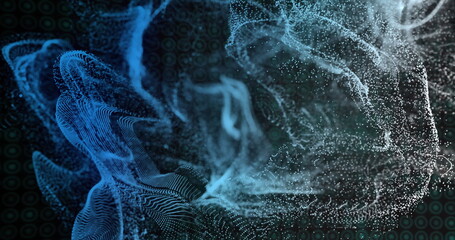 Swirling luminous particles forming wave-like ribbons across dark backdrop, in digital space
