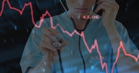Examining medical professional adjusting stethoscope on clinic display, with red graph, blue stream
